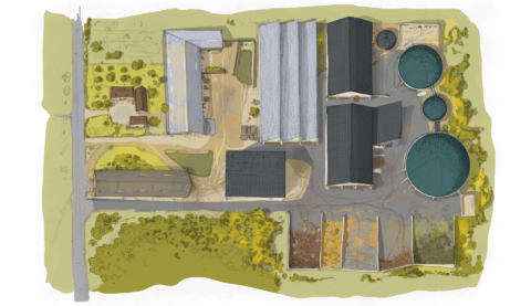 Vue aérienne d'une unité de méthanisation. Illustration par Jean Leveugle.